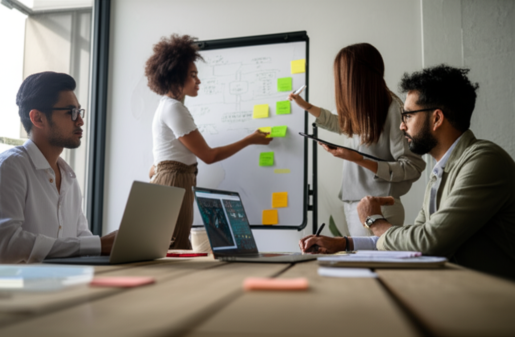 A diverse team collaborating in a modern office